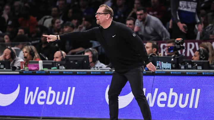 Mar 5, 2024; Brooklyn, New York, USA;  Philadelphia 76ers head coach Nick Nurse yells out