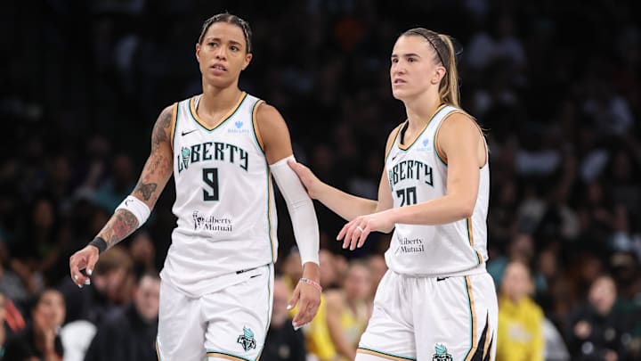 Jul 3, 2025; Brooklyn, New York, USA;  New York Liberty guards Natasha Cloud (9) and Sabrina Ionescu (20) at Barclays Center. Mandatory Credit: Wendell Cruz-Imagn Images