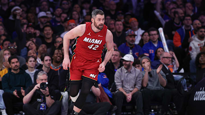 Miami Heat forward Kevin Love runs up court after making a basket against the New York Knicks. Mandatory Credit: Vincent Carchietta-Imagn Images Miami Heat forward Kevin Love runs up court after making a basket against the New York Knicks. Mandatory Credit: Vincent Carchietta-Imagn Images