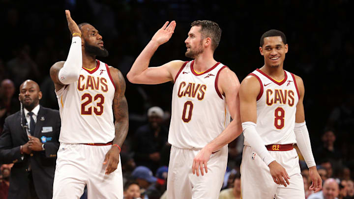 Mar 25, 2018; Brooklyn, NY, USA; Cleveland Cavaliers small forward LeBron James (23) and center Kevin Love (0) celebrate during the fourth quarter against the Brooklyn Nets at Barclays Center. Mandatory Credit: Brad Penner-Imagn Images Mar 25, 2018; Brooklyn, NY, USA; Cleveland Cavaliers small forward LeBron James (23) and center Kevin Love (0) celebrate during the fourth quarter against the Brooklyn Nets at Barclays Center. Mandatory Credit: Brad Penner-Imagn Images