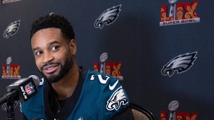 Feb 5, 2025; New Orleans, LA, USA; Philadelphia Eagles cornerback Darius Slay Jr. speaks with the media during a press conference at Hilton New Orleans Riverside. Mandatory Credit: Bill Streicher-Imagn Images Feb 5, 2025; New Orleans, LA, USA; Philadelphia Eagles cornerback Darius Slay Jr. speaks with the media during a press conference at Hilton New Orleans Riverside. Mandatory Credit: Bill Streicher-Imagn Images