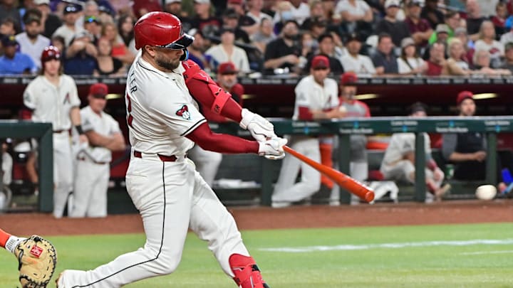 Sep 25, 2024; Phoenix, Arizona, USA; Arizona Diamondbacks first base Christian Walker (53) hits an RBI single in the fourth inning against the San Francisco Giants at Chase Field. Mandatory Credit: Matt Kartozian-Imagn Images Sep 25, 2024; Phoenix, Arizona, USA; Arizona Diamondbacks first base Christian Walker (53) hits an RBI single in the fourth inning against the San Francisco Giants at Chase Field. Mandatory Credit: Matt Kartozian-Imagn Images