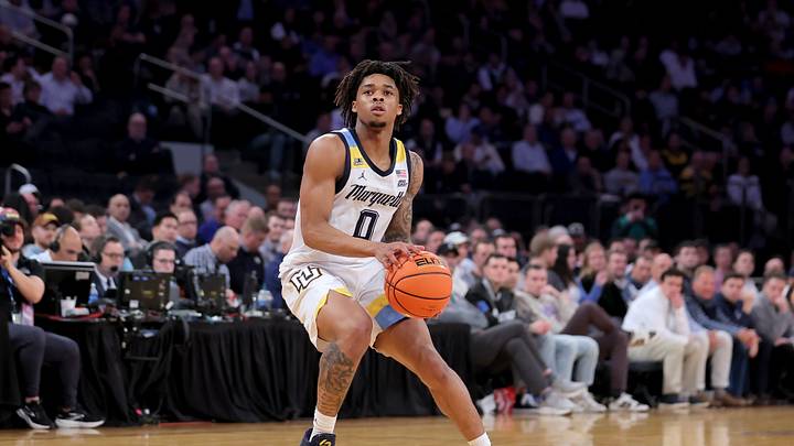 Mar 11, 2026; New York, NY, USA; Marquette Golden Eagles guard Nigel James Jr. (0) looks to shoot the ball against Xavier Musketeers during the second half at Madison Square Garden. Mandatory Credit: Brad Penner-Imagn Images