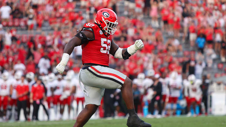 Sep 6, 2025; Athens, Georgia, USA; Georgia Bulldogs defensive lineman Christen Miller (52) reacts after a defensive stop against the Austin Peay Governors in the fourth quarter at Sanford Stadium. Mandatory Credit: Brett Davis-Imagn Images