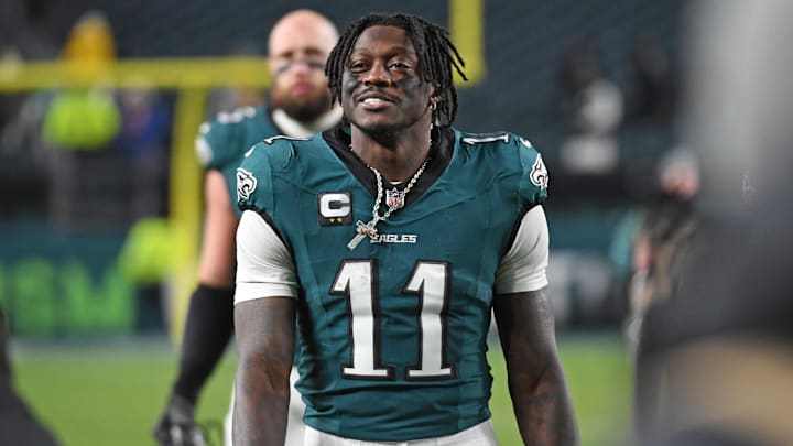 Dec 15, 2024; Philadelphia, Pennsylvania, USA;  Philadelphia Eagles wide receiver A.J. Brown (11) smiles as he walks off the field after win against the Pittsburgh Steelers at Lincoln Financial Field. Mandatory Credit: Eric Hartline-Imagn Images