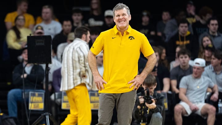 Iowa head coach Tom Brands reacts during a dual between the Iowa Hawkeyes and the Michigan Wolverines Feb. 13, 2026 at Carver-Hawkeye Arena in Iowa City, Iowa.