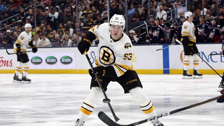 Apr 12, 2026; Columbus, Ohio, USA; Boston Bruins center Fraser Minten (93) flips the puck in the zone against the Columbus Blue Jackets during the second period at Nationwide Arena. Mandatory Credit: Russell LaBounty-Imagn Images Apr 12, 2026; Columbus, Ohio, USA; Boston Bruins center Fraser Minten (93) flips the puck in the zone against the Columbus Blue Jackets during the second period at Nationwide Arena. Mandatory Credit: Russell LaBounty-Imagn Images
