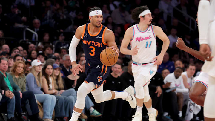 Mar 17, 2025; New York, New York, USA; New York Knicks guard Josh Hart (3) brings the ball up court against Miami Heat guard Jaime Jaquez Jr. (11) during the second quarter at Madison Square Garden. Mandatory Credit: Brad Penner-Imagn Images