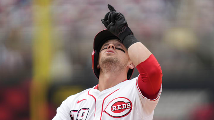 Cincinnati Reds' TJ Friedl celebrating during the MLB Speedway Classic baseball game against the Atlanta Braves at Bristol Motor Speedway on August 3, 2025, in Bristol, Tennessee.