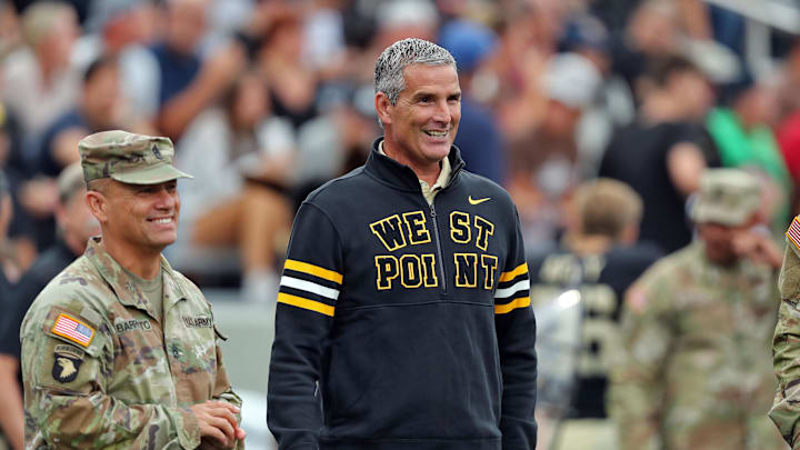 Aug 30, 2024; West Point, New York, USA; Army athletic director Mike Buddie smiles during the first half against the Lehigh Mountain Hawks at Michie Stadium. Mandatory Credit: Danny Wild-Imagn Images