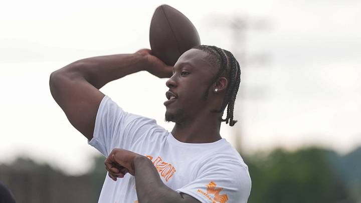 Tennessee quarterback Faizon Brandon throws the ball at his Youth Football Camp at Anderson County High School on July 25, 2026.
