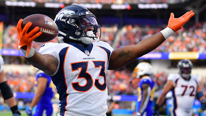 Dec 10, 2023; Inglewood, California, USA;  Denver Broncos running back Javonte Williams (33)