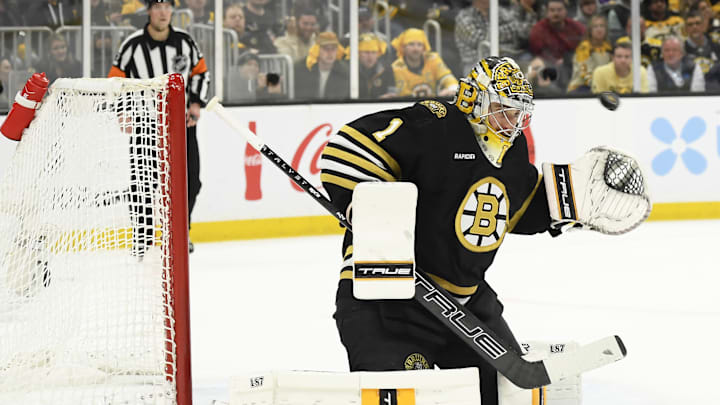 May 4, 2024; Boston, Massachusetts, USA; Boston Bruins goaltender Jeremy Swayman (1) makes a save during the second period in game seven of the first round of the 2024 Stanley Cup Playoffs against the Toronto Maple Leafs at TD Garden. Mandatory Credit: Bob DeChiara-Imagn Images