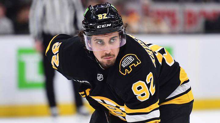 Apr 26, 2026; Boston, Massachusetts, USA; Boston Bruins center Marat Khusnutdinov (92) gets set for a face-off during the third period in game four of the first round of the 2026 Stanley Cup Playoffs against the Buffalo Sabres at TD Garden. Mandatory Credit: Bob DeChiara-Imagn Images Apr 26, 2026; Boston, Massachusetts, USA; Boston Bruins center Marat Khusnutdinov (92) gets set for a face-off during the third period in game four of the first round of the 2026 Stanley Cup Playoffs against the Buffalo Sabres at TD Garden. Mandatory Credit: Bob DeChiara-Imagn Images