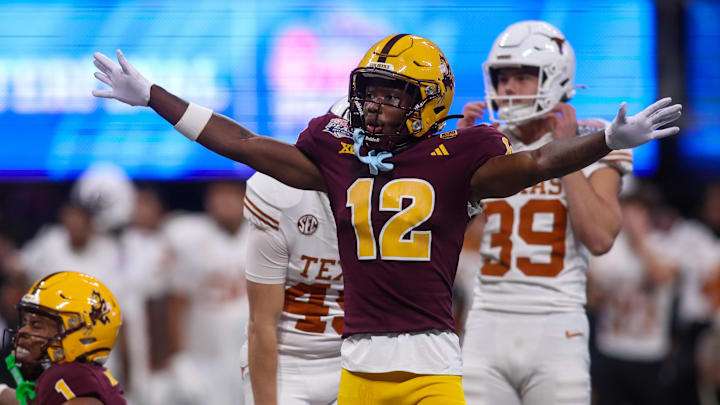 Jan 1, 2025; Atlanta, GA, USA; Arizona State Sun Devils defensive back Javan Robinson (12) reacts after a missed field goal by place kicker Bert Auburn (45) at Mercedes-Benz Stadium. Mandatory Credit: Brett Davis-Imagn Images