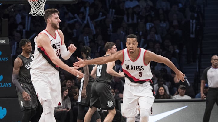 Nov 24, 2017; Brooklyn, NY, USA; Portland Trail Blazers center Jusuf Nurkic (27) congratulates Portland Trail Blazers shooting guard CJ McCollum (3) after scoring against the Brooklyn Nets during the second quarter at Barclays Center. Mandatory Credit: Gregory J. Fisher-Imagn Images Nov 24, 2017; Brooklyn, NY, USA; Portland Trail Blazers center Jusuf Nurkic (27) congratulates Portland Trail Blazers shooting guard CJ McCollum (3) after scoring against the Brooklyn Nets during the second quarter at Barclays Center. Mandatory Credit: Gregory J. Fisher-Imagn Images