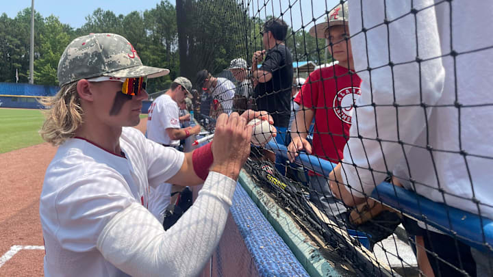 Alabama player Jim Jarvis (10) signs autographs before the SEC Tournament elimination game Thursday, May 25, 2023, at the Hoover Met. Alabama defeated Auburn 7-4 to advance. Alabama player Jim Jarvis (10) signs autographs before the SEC Tournament elimination game Thursday, May 25, 2023, at the Hoover Met. Alabama defeated Auburn 7-4 to advance.