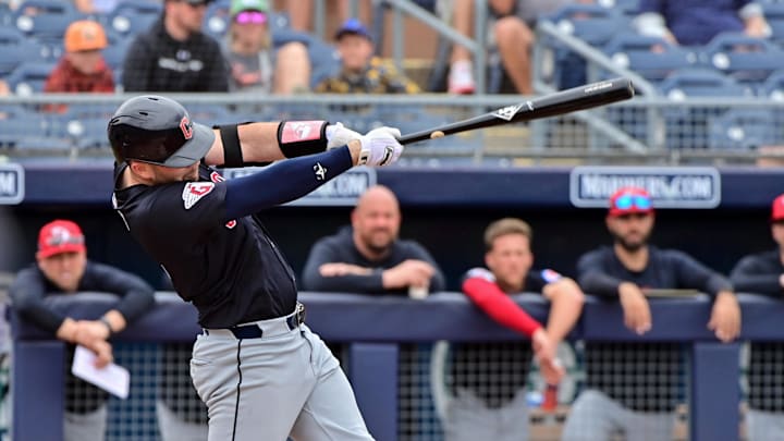 Feb 26, 2024; Peoria, Arizona, USA; Cleveland Guardians right fielder Chase DeLauter (6) hits a two run home run in the second inning against the San Diego Padres during a spring training game at Peoria Sports Complex. Mandatory Credit: Matt Kartozian-Imagn Images Feb 26, 2024; Peoria, Arizona, USA; Cleveland Guardians right fielder Chase DeLauter (6) hits a two run home run in the second inning against the San Diego Padres during a spring training game at Peoria Sports Complex. Mandatory Credit: Matt Kartozian-Imagn Images
