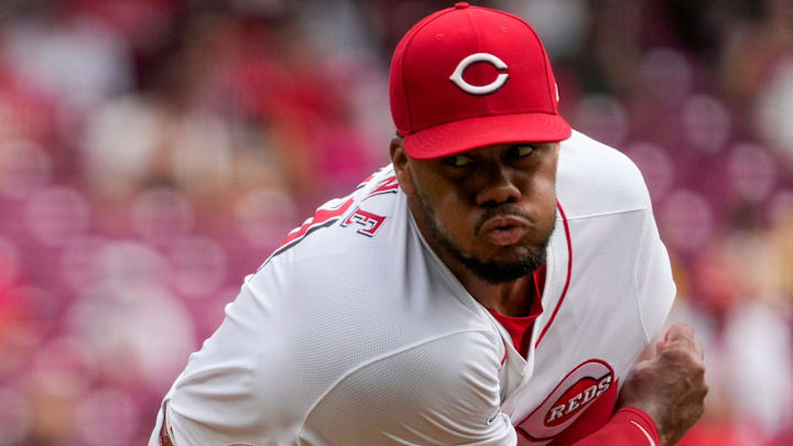 Cincinnati Reds pitcher Hunter Greene (21) follows through on a pitch in the third inning of the MLB National League Game between the Cincinnati Reds and the Pittsburgh Pirates at Great American Ball Park in downtown Cincinnati on Sunday, Sept. 22, 2024. The Pirates led 1-0 after four innings.