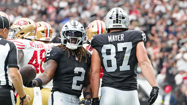 Aug 16, 2025; Paradise, Nevada, USA; Las Vegas Raiders running back Ashton Jeanty (2) celebrates after scoring a touchdown against the San Francisco 49ers during the second quarter at Allegiant Stadium. Mandatory Credit: Stephen R. Sylvanie-Imagn Images Aug 16, 2025; Paradise, Nevada, USA; Las Vegas Raiders running back Ashton Jeanty (2) celebrates after scoring a touchdown against the San Francisco 49ers during the second quarter at Allegiant Stadium. Mandatory Credit: Stephen R. Sylvanie-Imagn Images