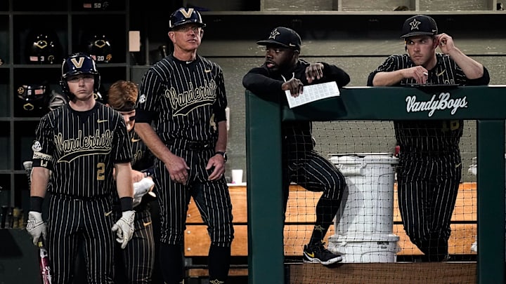 Vanderbilt coach Tim Corbin watches his team face against Oklahoma during the sixth inning at Hawkins Field in Nashville, Tenn., Thursday, April 9, 2026.