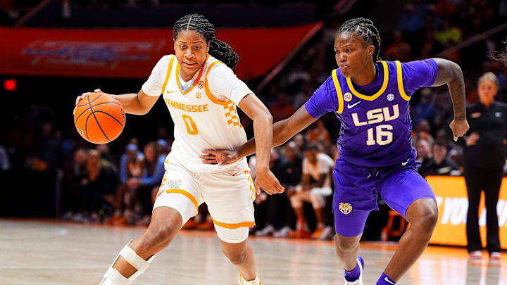 Tennessee guard Jewel Spear (0) moves past LSU guard Kailyn Gilbert (16) during a women's college basketball game between the Lady Vols and LSU at Thompson-Boling Arena at Food City Center on Thursday, Jan. 9, 2025. Tennessee guard Jewel Spear (0) moves past LSU guard Kailyn Gilbert (16) during a women's college basketball game between the Lady Vols and LSU at Thompson-Boling Arena at Food City Center on Thursday, Jan. 9, 2025.