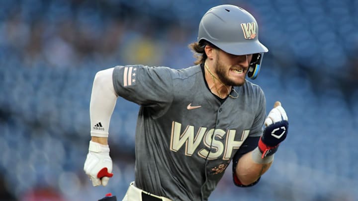 Sep 13, 2024; Washington, District of Columbia, USA; Washington Nationals outfielder Dylan Crews (3) runs to first base after hitting a single during the first inning against the Miami Marlins, at Nationals Park.