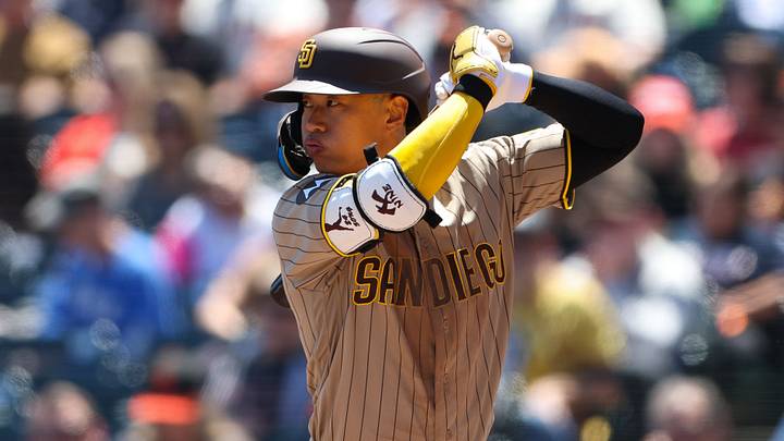 May 6, 2026; San Francisco, California, USA; San Diego Padres shortstop Sung-Mun Song (24) bats during the fifth inning against the San Francisco Giants at Oracle Park. Mandatory Credit: Scott Marshall-Imagn Images