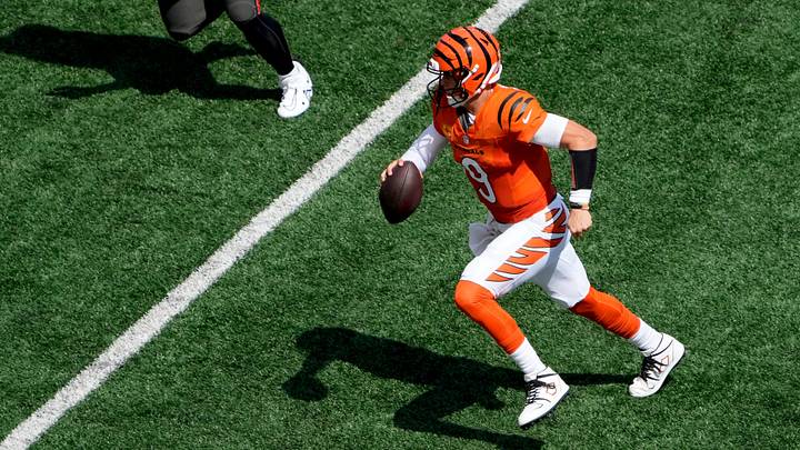 Cincinnati Bengals quarterback Joe Burrow runs the ball in the first quarter during the home opener against the Tampa Bay Buccaneers at Paycor Stadium on September 13, 2026. Cincinnati Bengals quarterback Joe Burrow runs the ball in the first quarter during the home opener against the Tampa Bay Buccaneers at Paycor Stadium on September 13, 2026.