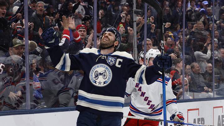 Mar 19, 2026; Columbus, Ohio, USA; Columbus Blue Jackets center Boone Jenner (38) celebrates his goal against the New York Rangers during the second period at Nationwide Arena. Mandatory Credit: Russell LaBounty-Imagn Images