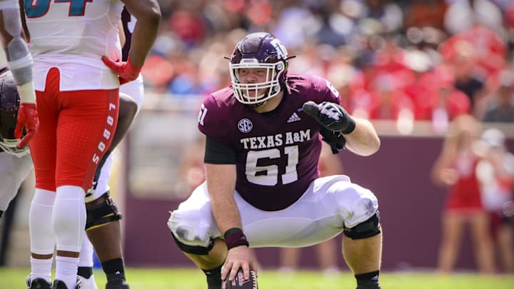 Sep 18, 2021; College Station, Texas, USA; Texas A&M Aggies offensive lineman Bryce Foster (61)