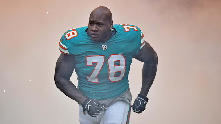 Miami Dolphins offensive tackle Laremy Tunsil (78) prior to the game against the New England Patriots at Hard Rock Stadium in 2018. Miami Dolphins offensive tackle Laremy Tunsil (78) prior to the game against the New England Patriots at Hard Rock Stadium in 2018.