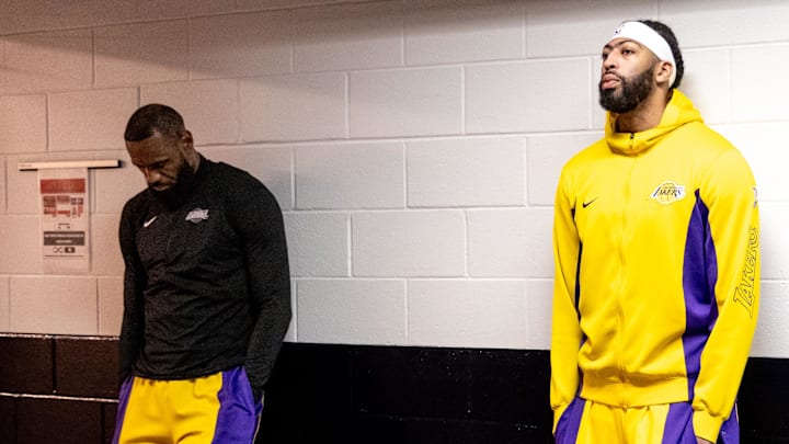 Apr 14, 2024; New Orleans, Louisiana, USA; Los Angeles Lakers forward LeBron James (23) and forward Anthony Davis (3) look on from the tunnel before the first half against the New Orleans Pelicans at Smoothie King Center. Mandatory Credit: Stephen Lew-USA TODAY Sports Apr 14, 2024; New Orleans, Louisiana, USA; Los Angeles Lakers forward LeBron James (23) and forward Anthony Davis (3) look on from the tunnel before the first half against the New Orleans Pelicans at Smoothie King Center. Mandatory Credit: Stephen Lew-USA TODAY Sports