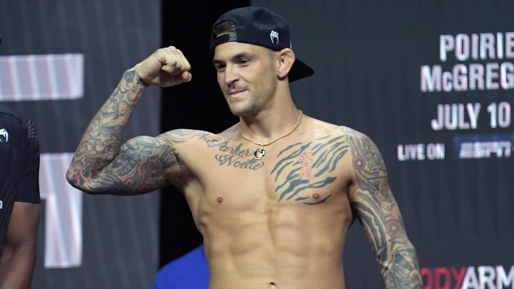 Jul 9, 2021; Las Vegas, Nevada, USA; Dustin Poirier reacts during weigh ins for UFC 264 at T-Mobile Arena. Mandatory Credit: Gary A. Vasquez-USA TODAY Sports