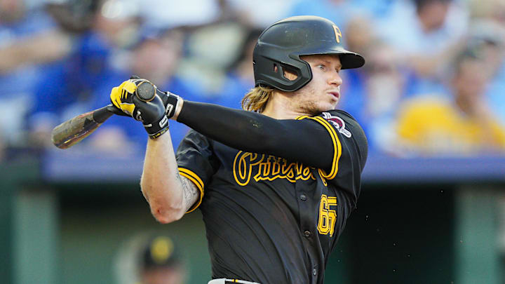 Jul 8, 2025; Kansas City, Missouri, USA; Pittsburgh Pirates right fielder Jack Suwinski (65) bats during the fifth inning against the Kansas City Royals at Kauffman Stadium. Mandatory Credit: Jay Biggerstaff-Imagn Images