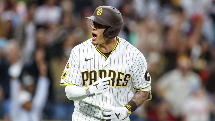 May 26, 2026; San Diego, California, USA; San Diego Padres third baseman Manny Machado (13) celebrates after hitting a two-run home run during the fourth inning against the Philadelphia Phillies at Petco Park. Mandatory Credit: David Frerker-Imagn Images