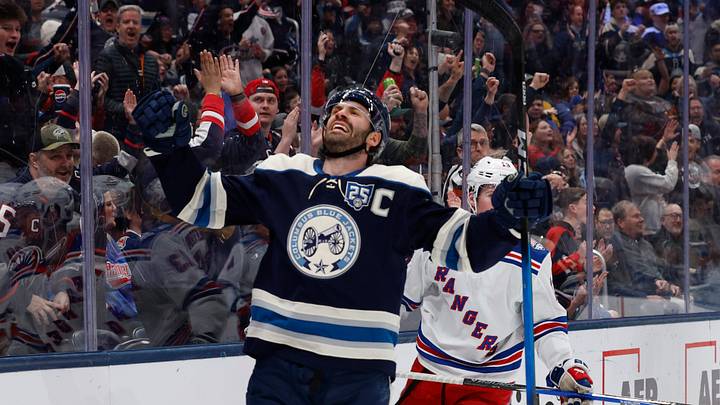 Mar 19, 2026; Columbus, Ohio, USA; Columbus Blue Jackets center Boone Jenner (38) celebrates his goal against the New York Rangers during the second period at Nationwide Arena. Mandatory Credit: Russell LaBounty-Imagn Images