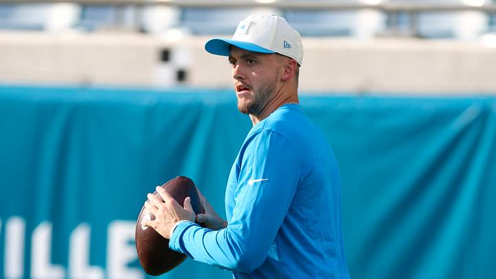 Carolina Panthers quarterback Haynes King (16) warms up before a preseason game 