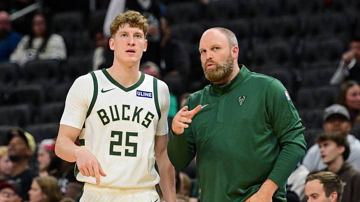 Oct 14, 2026; Milwaukee, Wisconsin, USA;  Milwaukee Bucks head coach Taylor Jenkins talks to guard Kasparas Jakucionis (25) in the second quarter against the Chicago Bulls at Fiserv Forum.  Mandatory Credit: Benny Sieu-Imagn Images