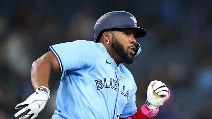Vladimir Guerrero Jr. hits a home run for the Toronto Blue Jays.