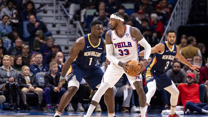 Nov 29, 2023; New Orleans, Louisiana, USA; Philadelphia 76ers forward Robert Covington (33) dribbles
