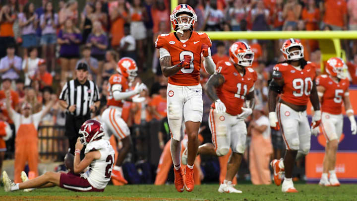 Clemson Tigers cornerback Avieon Terrell (8) celebrates after stopping a fake punt attempt by Troy Trojans Saturday, Sept. 6, 2025 during the NCAA football game at Memorial Stadium in Clemson, South Carolina.