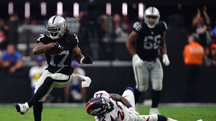 Oct 2, 2022; Paradise, Nevada, USA; Las Vegas Raiders wide receiver Davante Adams (17) runs the ball