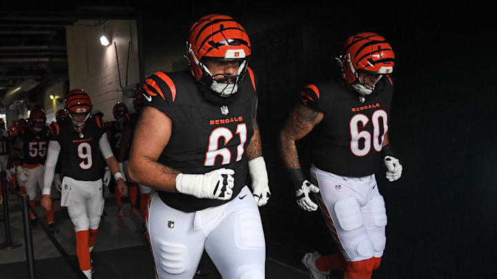 Aug 7, 2025; Philadelphia, Pennsylvania, USA; Cincinnati Bengals guard Cody Ford (61) and guard Jaxson Kirkland (60) in the tunnel against the Philadelphia Eagles at Lincoln Financial Field. Mandatory Credit: Eric Hartline-Imagn Images