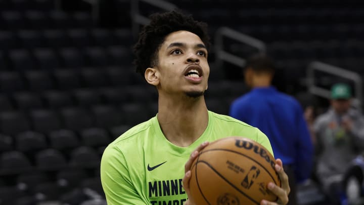 Jan 10, 2024; Boston, Massachusetts, USA; Minnesota Timberwolves forward Josh Minott (8) shoots before their game against the Boston Celtics at TD Garden. Mandatory Credit: Winslow Townson-USA TODAY Sports