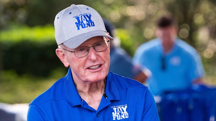 Tom Coughlin gives a thumbs up as a friend arrives to to play in the 30th annual Tom Coughlin Jay Fund Celebrity Golf Tournament Monday May 19, 2025 at TPC Sawgrass in Ponte Vedra, Fla.  
