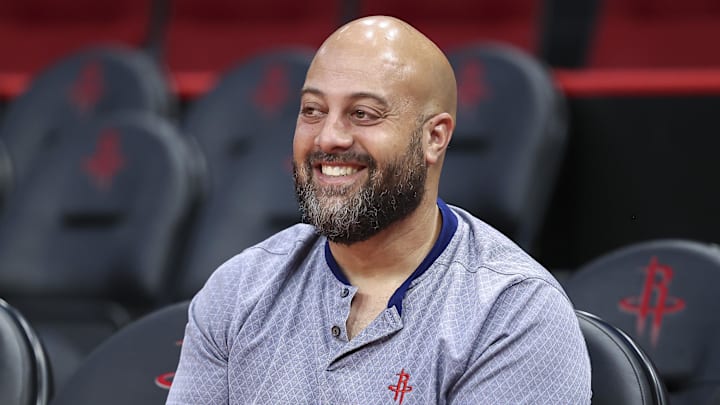 Oct 2, 2022; Houston, Texas, USA; Houston Rockets general manager Rafael Stone smiles before the Oct 2, 2022; Houston, Texas, USA; Houston Rockets general manager Rafael Stone smiles before the