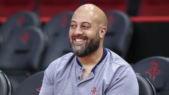 Oct 2, 2022; Houston, Texas, USA; Houston Rockets general manager Rafael Stone smiles before the preseason game against the San Antonio Spurs at Toyota Center. Mandatory Credit: Troy Taormina-USA TODAY Sports