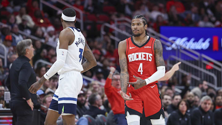 Feb 21, 2025; Houston, Texas, USA; Houston Rockets guard Jalen Green (4) reacts after making a basket during the second quarter against the Minnesota Timberwolves at Toyota Center. Mandatory Credit: Troy Taormina-Imagn Images