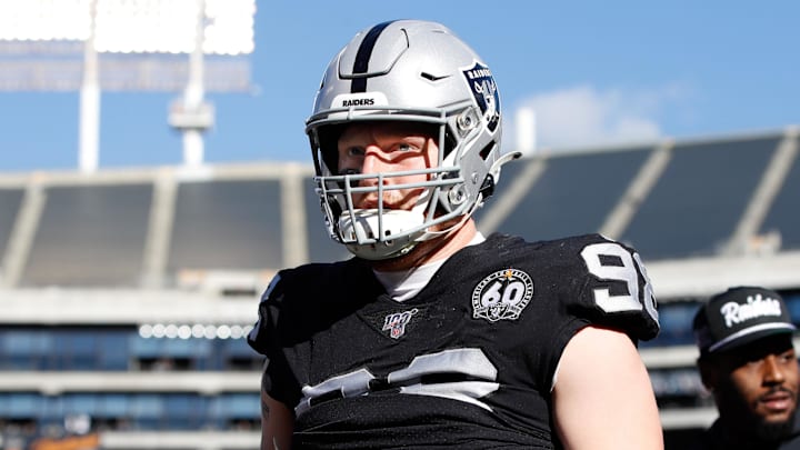 Dec 15, 2019; Oakland, CA, USA; Oakland Raiders defensive end Maxx Crosby (98) walks off the field before the game against the Jacksonville Jaguars at Oakland Coliseum. Mandatory Credit: Darren Yamashita-Imagn Images